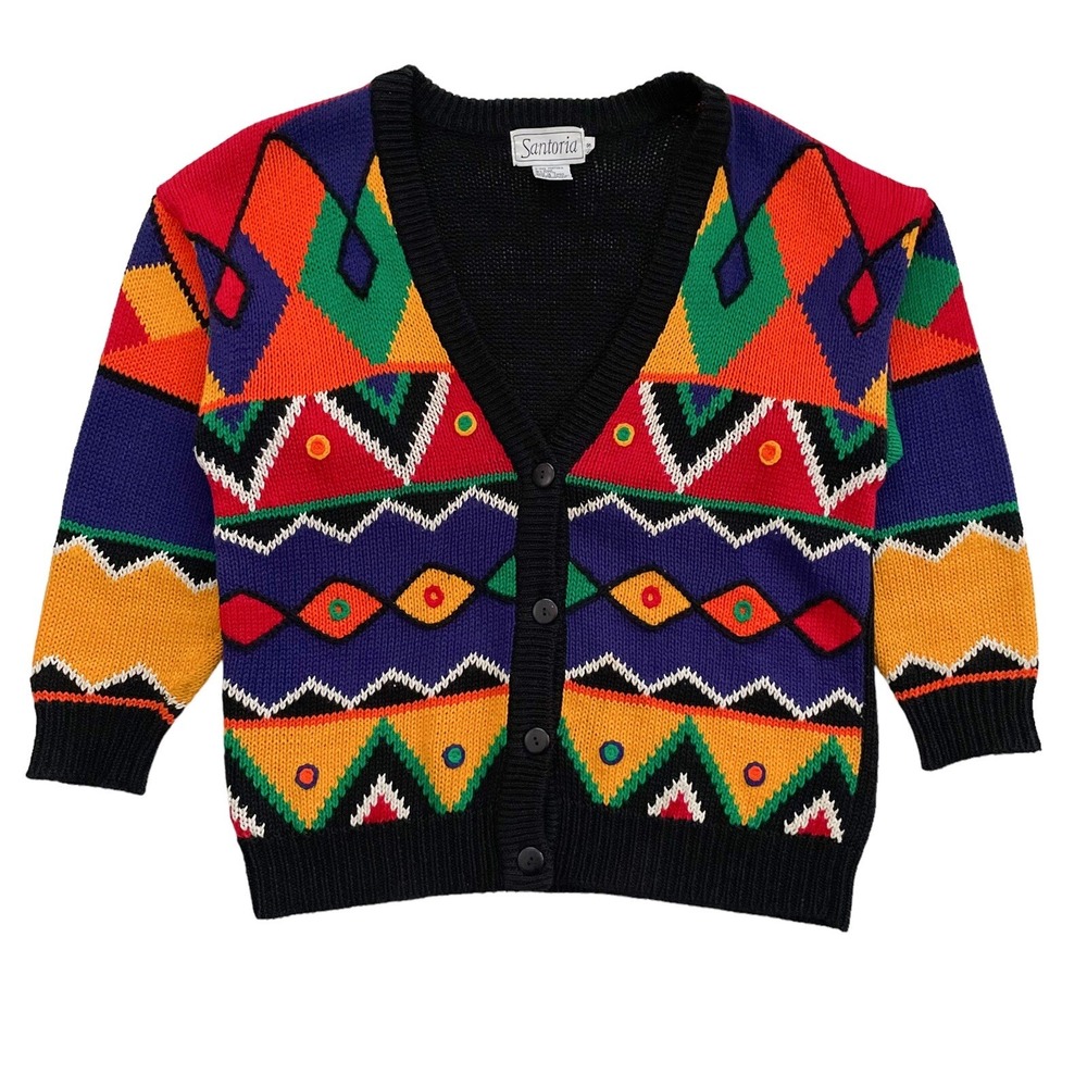 Vintage 1992 Santoria Cardigan Sweater Womens Small Colorful 90s